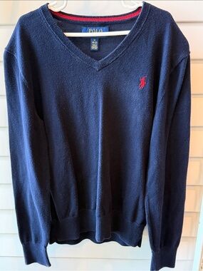 Polo by Ralph Lauren Navy V-Neck Sweater with Red Pony Accent